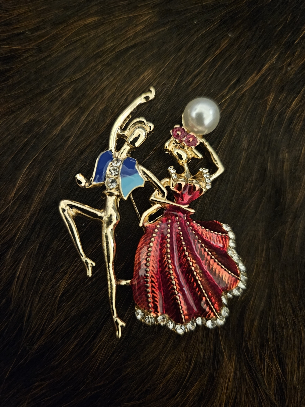 Gold-Tone Red Enamel Dancing Couple Brooch with Pearl Accent